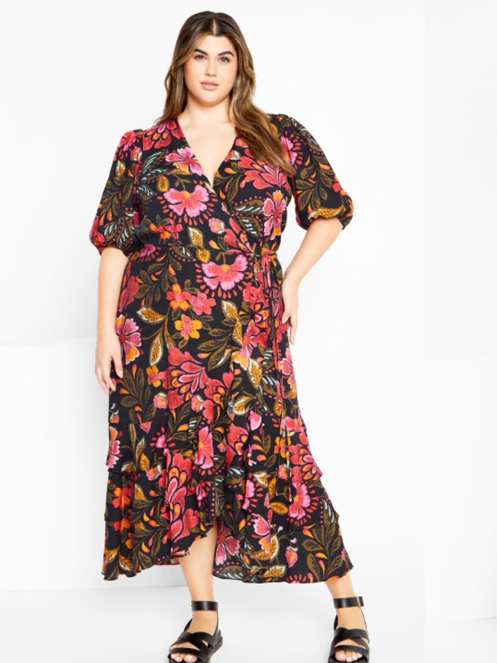 City Chic Black Floral Wrap Midi Dress with Pink and Orange Blooms